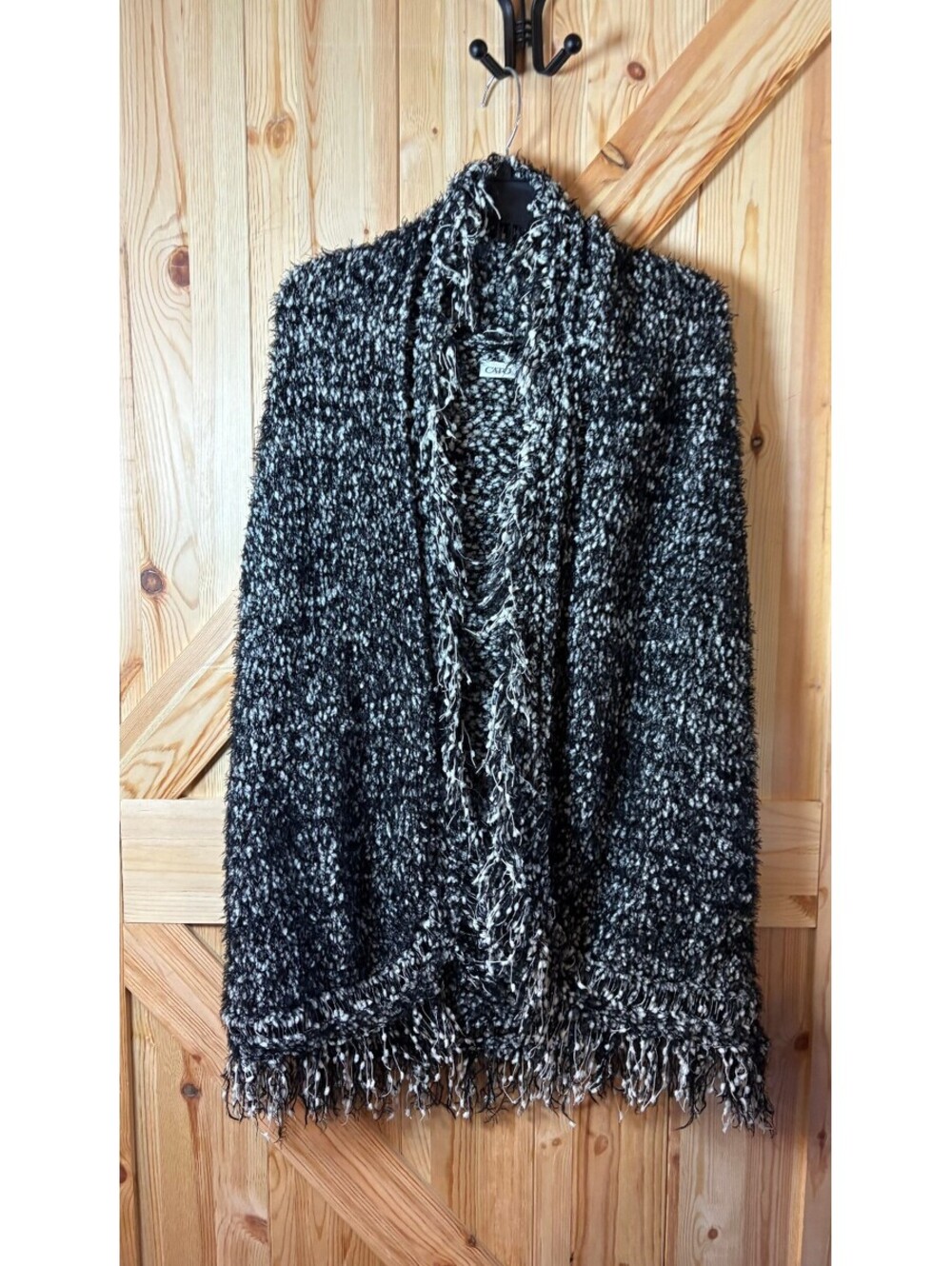 Cato Black and White Textured Knit Open Cardigan with Fringe